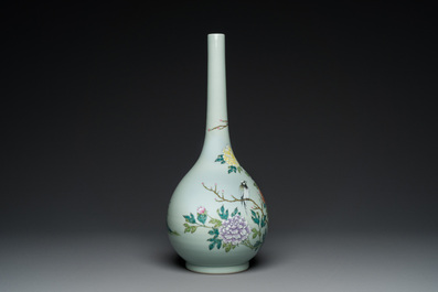 A large Chinese famille rose celadon-ground bottle vase, Qianlong mark, Republic