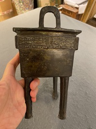 A rare Chinese archaistic bronze 'Fang Ding' ritual food vessel with inscription, Song or earlier