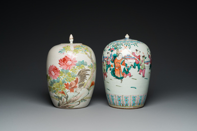 Two Chinese famille rose and qianjiang cai covered jars, 19th C.