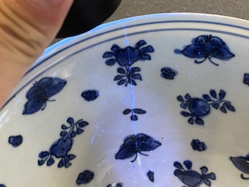 Two Chinese blue and white bowls with cranes, deer and ducks, Wanli