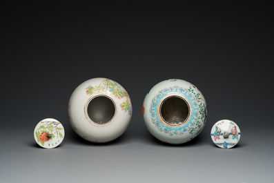 Two Chinese famille rose and qianjiang cai covered jars, 19th C.