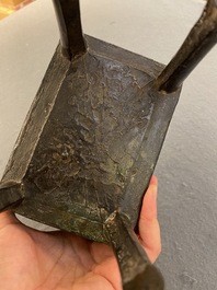 A rare Chinese archaistic bronze 'Fang Ding' ritual food vessel with inscription, Song or earlier