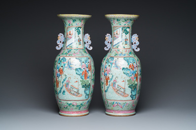 A pair of Chinese famille rose celadon-ground vases, 19th C.