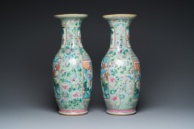 A pair of Chinese famille rose celadon-ground vases, 19th C.