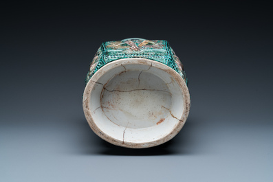 A Chinese hexagonal verte biscuit vase with applied dragon design, 19/20th C.