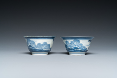 A pair of Japanese blue and white Arita 'van Frytom' cups with shield-shaped saucers, Chenghua mark, Edo, 18th C.