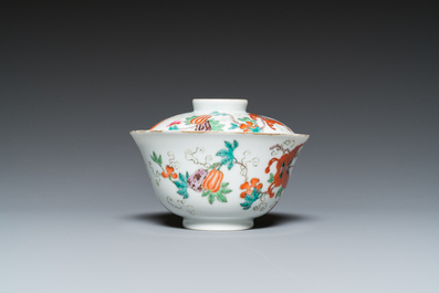 A Chinese famille rose 'butterflies' bowl and cover, Jia Qing Nian Zhi 嘉慶年製 mark, 19/20th C.