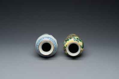 Two Chinese blue and white and famille jaune rouleau vases, Transitional period and 19th C.
