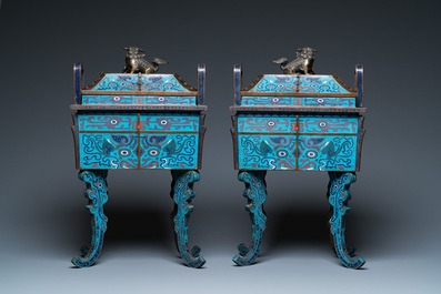 A pair of large Chinese cloisonn&eacute; 'fangding' censers and covers on wooden stands, 19th C.