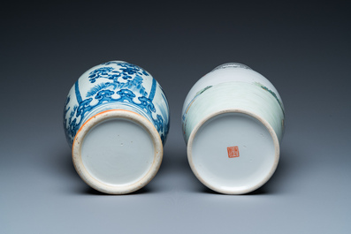 A Chinese blue and white vase and a famille rose vase, 19th and 20th C.