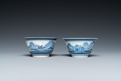 A pair of Japanese blue and white Arita 'van Frytom' cups with shield-shaped saucers, Chenghua mark, Edo, 18th C.