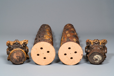 A pair of patinated wooden 'grapevine' columns, 18th C.