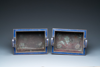 A pair of large Chinese cloisonn&eacute; 'fangding' censers and covers on wooden stands, 19th C.