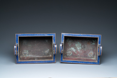 A pair of large Chinese cloisonn&eacute; 'fangding' censers and covers on wooden stands, 19th C.