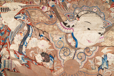 A large Chinese silk and metallic thread embroidered wall tapestry with an opera scene, 19th C.