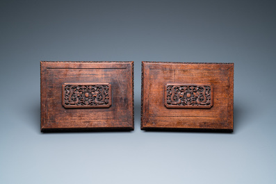 A pair of large Chinese cloisonn&eacute; 'fangding' censers and covers on wooden stands, 19th C.