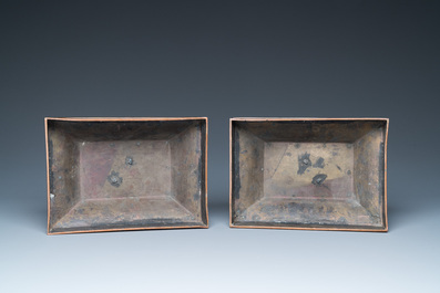 A pair of large Chinese cloisonn&eacute; 'fangding' censers and covers on wooden stands, 19th C.