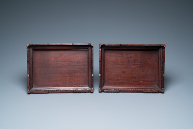 A pair of large Chinese cloisonn&eacute; 'fangding' censers and covers on wooden stands, 19th C.