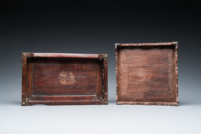 Twee met parelmoer ingelegde houten plateaus, twee opiumschotels en een lijst, China en/of Vietnam, 19e eeuw