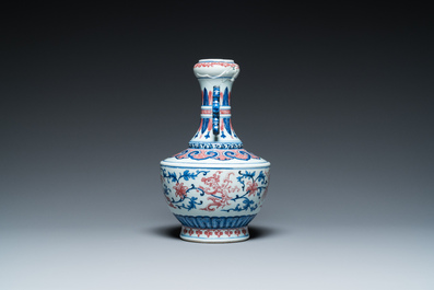A Chinese blue, white and copper-red 'phoenix' vase, 19/20th C.