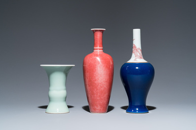 Three Chinese blue-, celadon- and copper-red-glazed vases, Kangxi marks, 19/20th C.