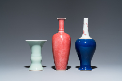 Three Chinese blue-, celadon- and copper-red-glazed vases, Kangxi marks, 19/20th C.