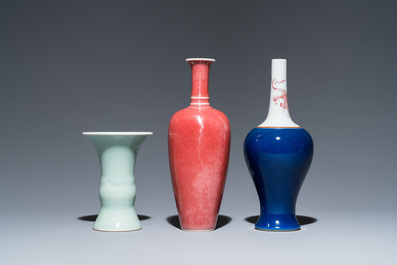 Three Chinese blue-, celadon- and copper-red-glazed vases, Kangxi marks, 19/20th C.