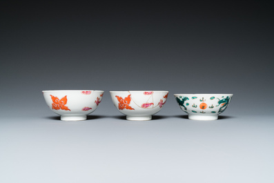 Four Chinese 'dragon' bowls, a dish and a famille rose plate, Yongzheng and later
