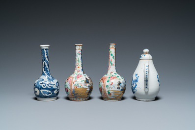 Four Chinese famille rose vases, a bat-shaped bowl and a covered jug, 19th C.