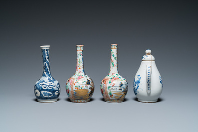 Quatre vases en porcelaine de Chine famille rose, un bol et une verseuse couverte en bleu et blanc, 19&egrave;me