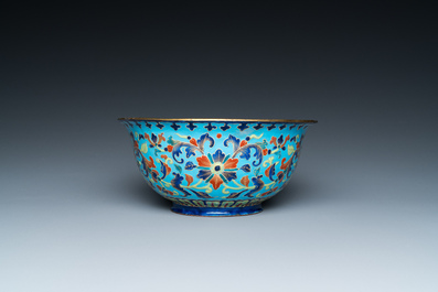 A Chinese Canton enamel 'lotus' spice dish and a bowl, Qianlong/Jiaqing