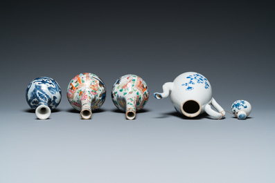 Four Chinese famille rose vases, a bat-shaped bowl and a covered jug, 19th C.