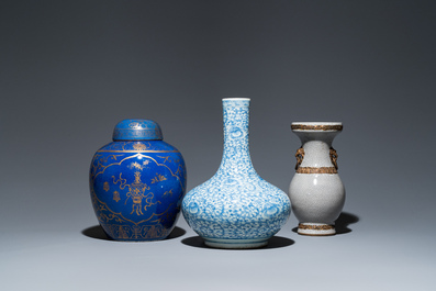 Three Chinese blue and white, crackle-glazed and powder-blue vases, 19th C.