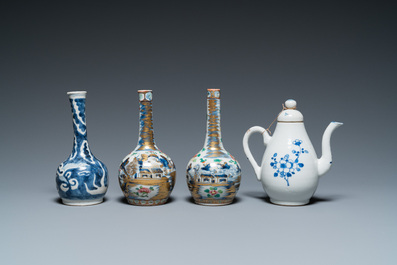 Four Chinese famille rose vases, a bat-shaped bowl and a covered jug, 19th C.