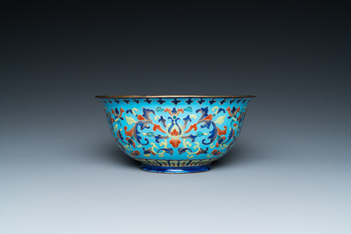 A Chinese Canton enamel 'lotus' spice dish and a bowl, Qianlong/Jiaqing