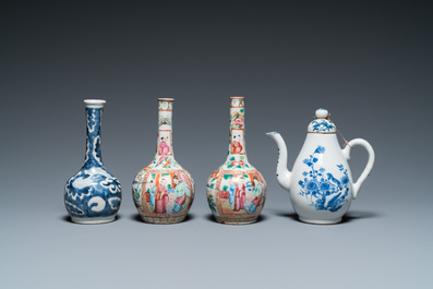 Quatre vases en porcelaine de Chine famille rose, un bol et une verseuse couverte en bleu et blanc, 19&egrave;me