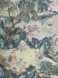 A Chinese famille rose plaque mounted as a table screen, Qianlong