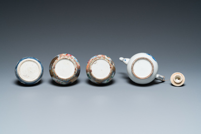 Four Chinese famille rose vases, a bat-shaped bowl and a covered jug, 19th C.