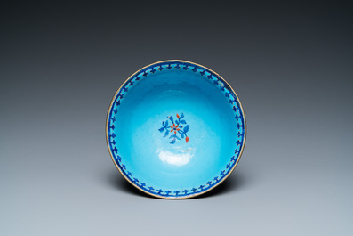 A Chinese Canton enamel 'lotus' spice dish and a bowl, Qianlong/Jiaqing