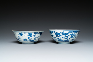 Two Chinese blue and white bowls with cranes, deer and ducks, Wanli