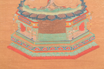 Ecole chinoise: 'Bhaishajyaguru' ou 'Bouddha de M&eacute;decine', encre et couleurs sur soie, probablement 19&egrave;me