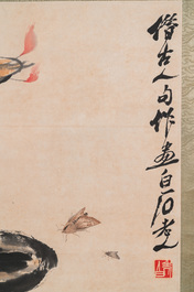 After Qi Baishi 齊白石 (1864-1957): 'Oil lamp and moths', ink and colour on paper