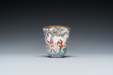 A Chinese Canton enamel teapot, a wine jug and a wine cup, Yongzheng/Qianlong