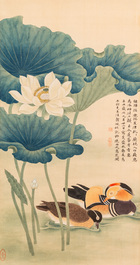 Chen Peiqiu 陳佩秋 (1922-2020): 'Mandarin ducks in a lotus pond', ink and colour on silk, dated 1961