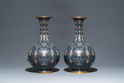 A pair of large Chinese cloisonn&eacute; 'bats and shou' bottle vases, 19th C.