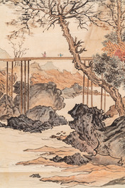 Wu Tong 吴桐 (1975-): &lsquo;Un lettr&eacute; et son &eacute;l&egrave;ve sur un pont&rsquo;, encre et couleurs sur papier