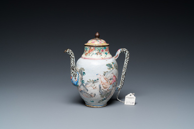 A Chinese Canton enamel teapot, a wine jug and a wine cup, Yongzheng/Qianlong
