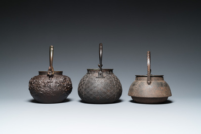 Zes Japanse smeedijzeren 'tetsubin' ketels, Meiji, 19/20e eeuw