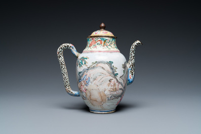 A Chinese Canton enamel teapot, a wine jug and a wine cup, Yongzheng/Qianlong