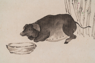 Pu Xinyu 溥心畬 (1896-1963): 'Varken bij de blauwe regen', inkt en kleur op papier